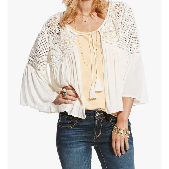 Ariat Women's Medium Western Sleeve Open Stitch Shrug Top Blouse White Flowy - Picture 2 of 7